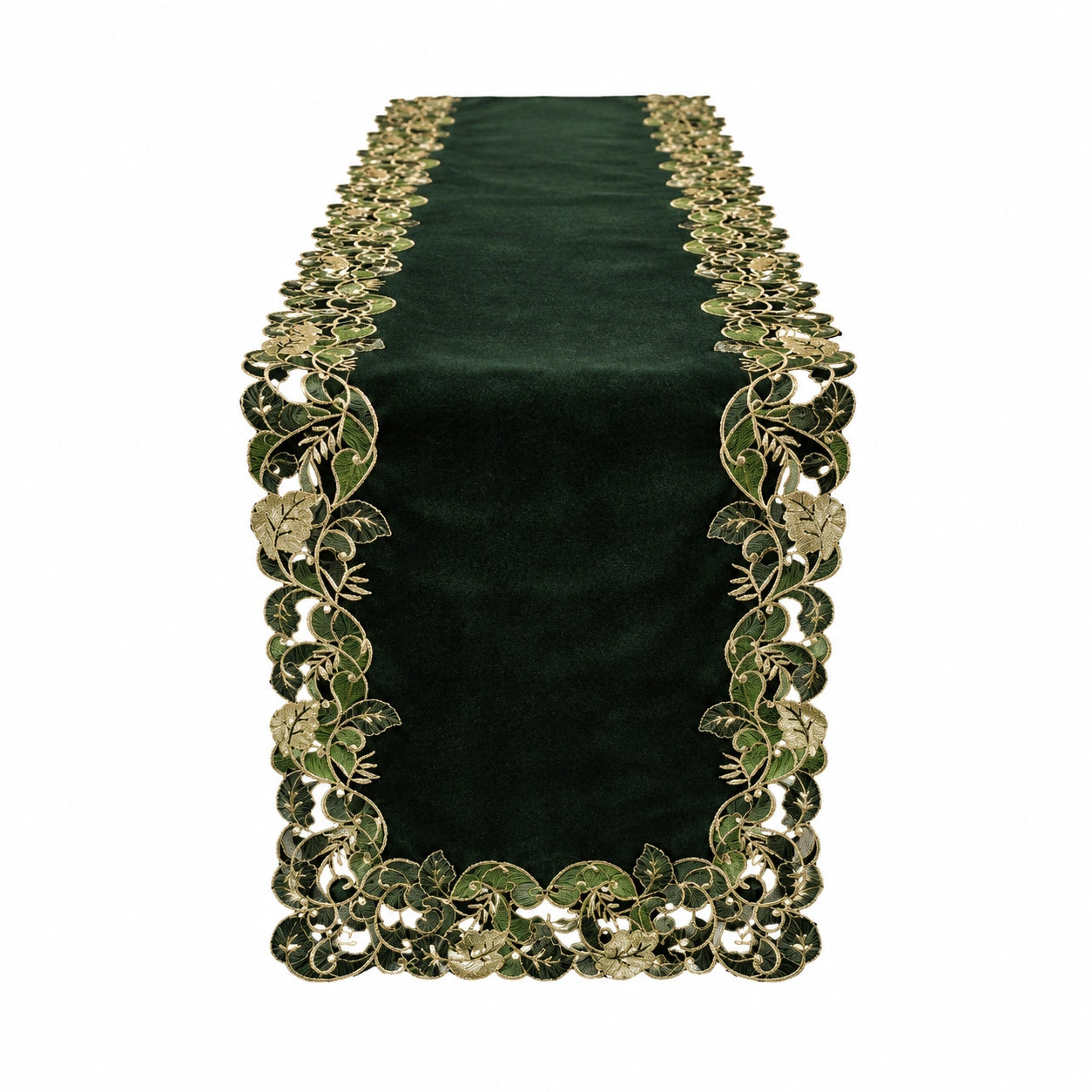 Chemin de Table Élegant Vert et Doré avec Motif Floral