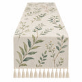 Chemin de Table à Motifs de Feuilles avec Franges - Vert et Beige