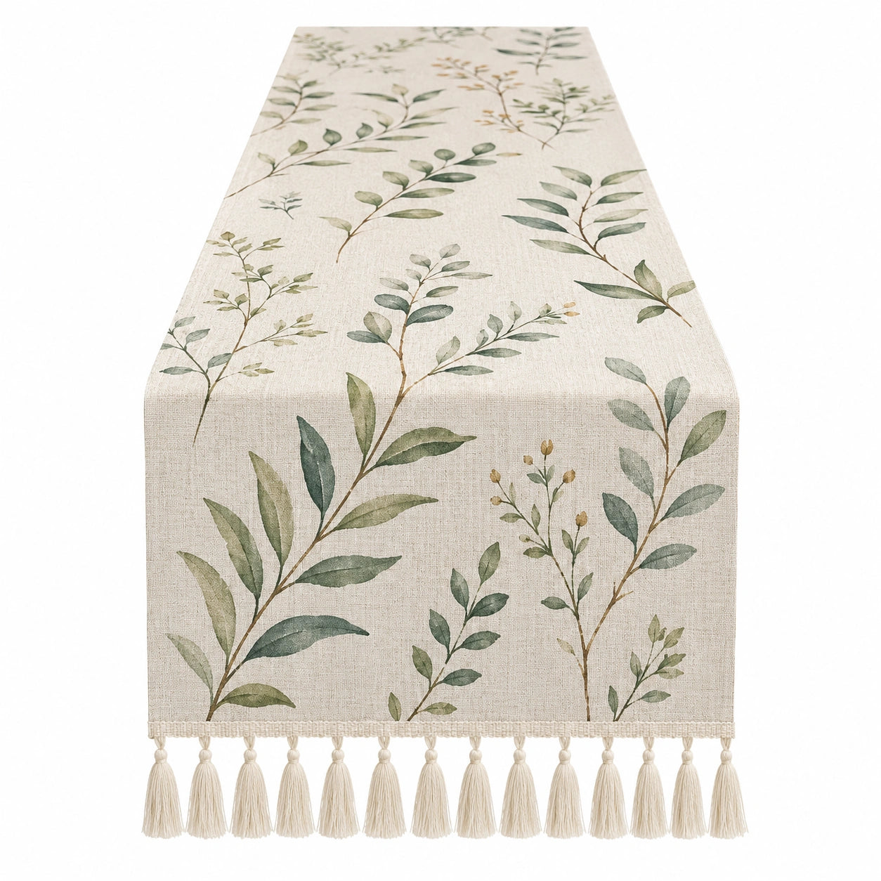 Chemin de Table à Motifs de Feuilles avec Franges - Vert et Beige