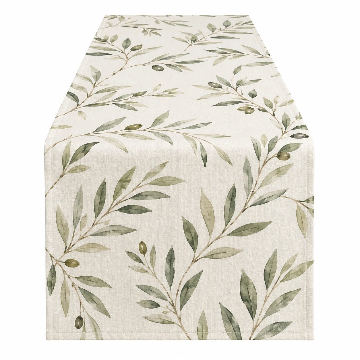 Chemin de Table Motif Feuilles d'Olivier Vert Beige 180x40cm