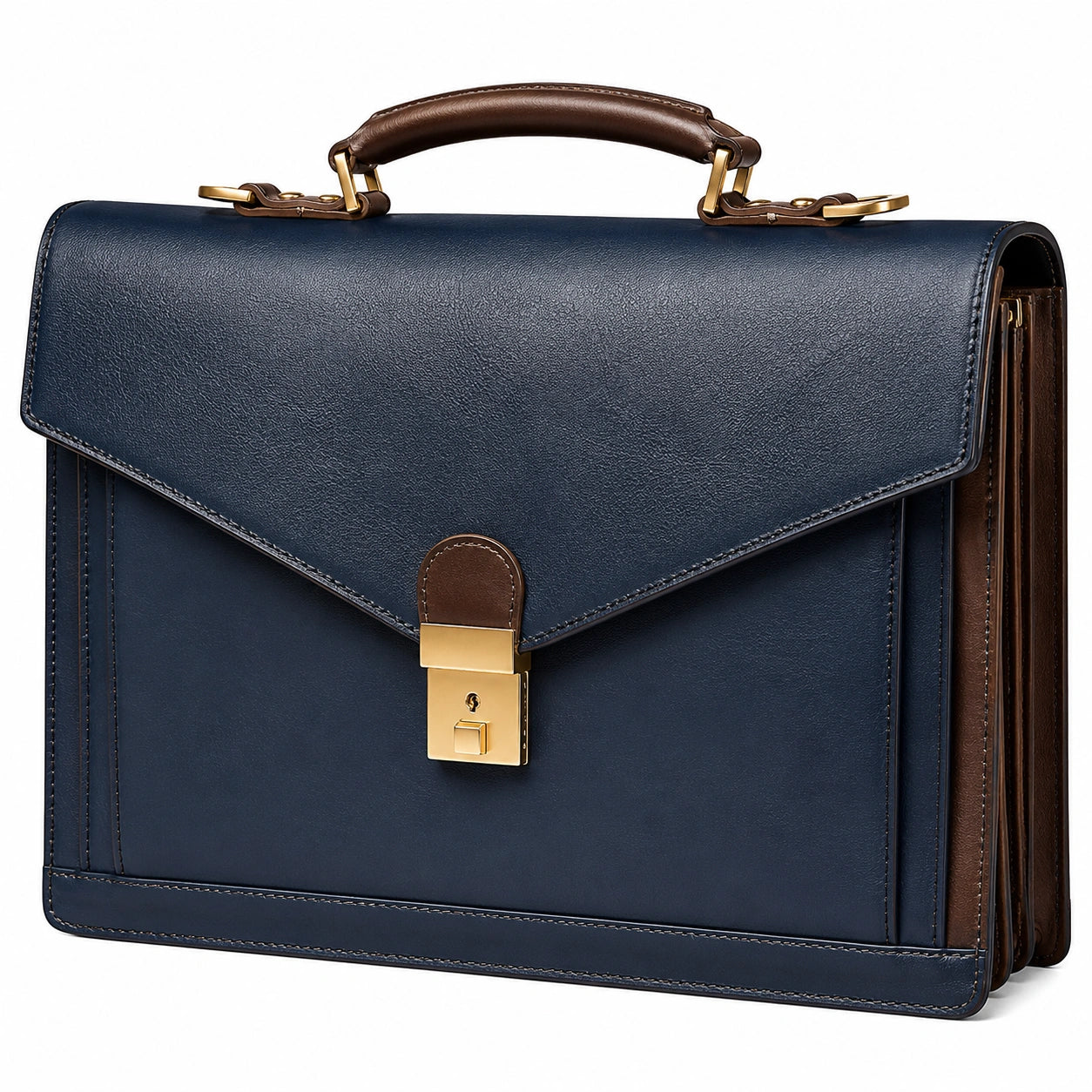 Porte-documents bleu et marron avec serrure dorée