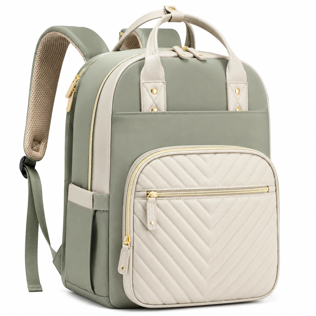 Sac à dos moderne vert et beige avec poches multiples