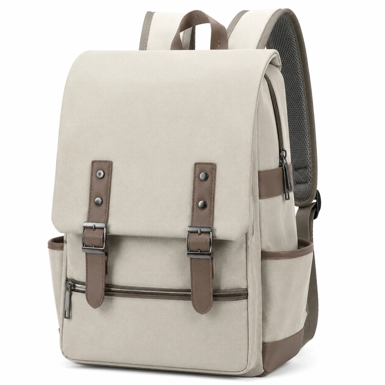 Sac à dos beige pour ordinateur portable avec détails marron