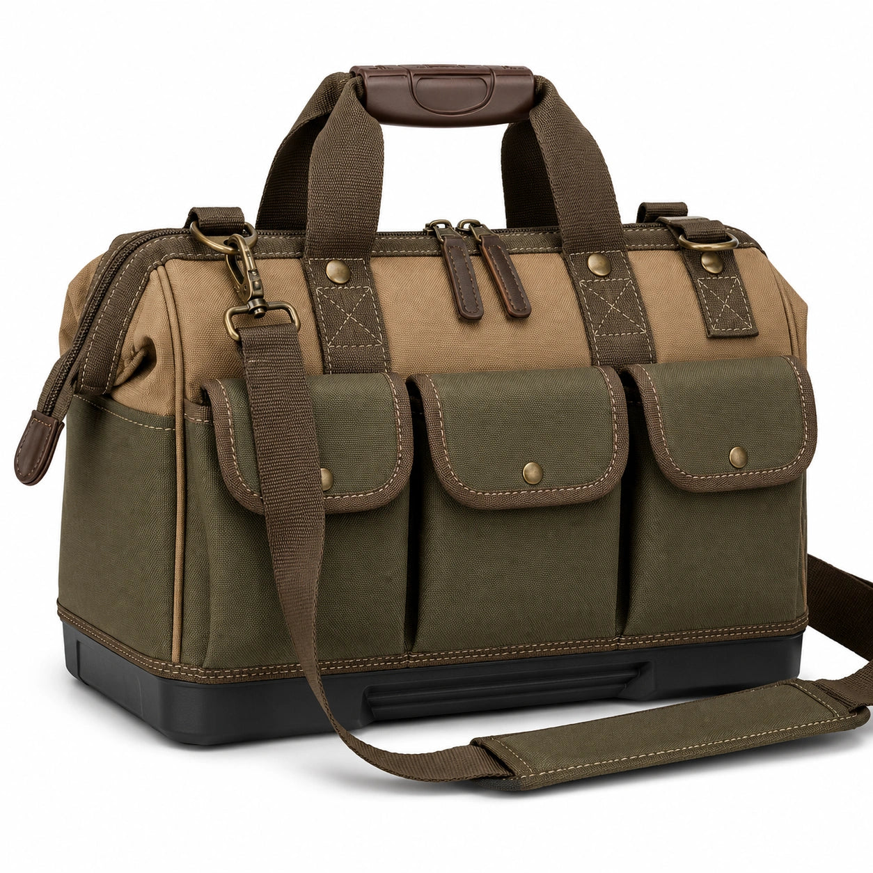 Sac à outils polyvalent kaki et marron avec sangles ajustables