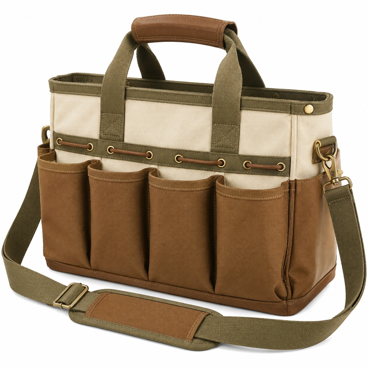 Sac à outils multifonction avec bandoulière réglable - Beige/Marron/Vert
