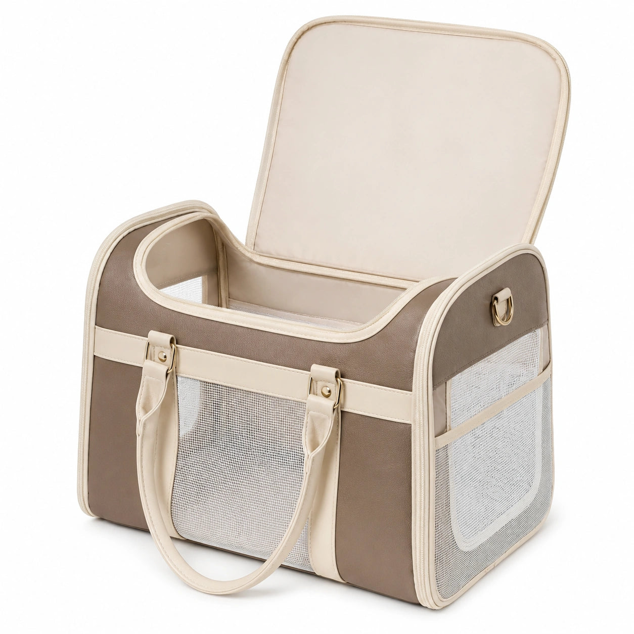 Sac de transport pour animaux avec ventilation en filet beige et brun